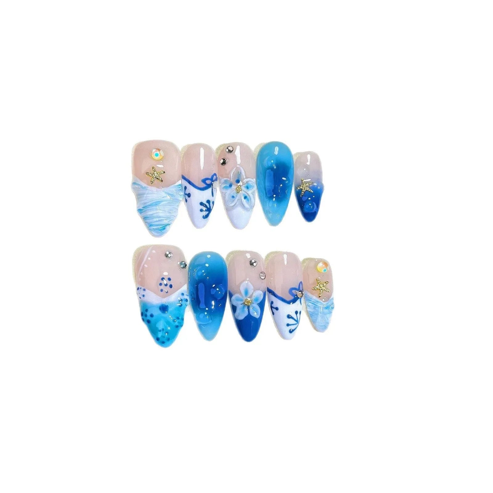 Blue hand-painted false nails with carved summer ice transparent design in sizes XS to L