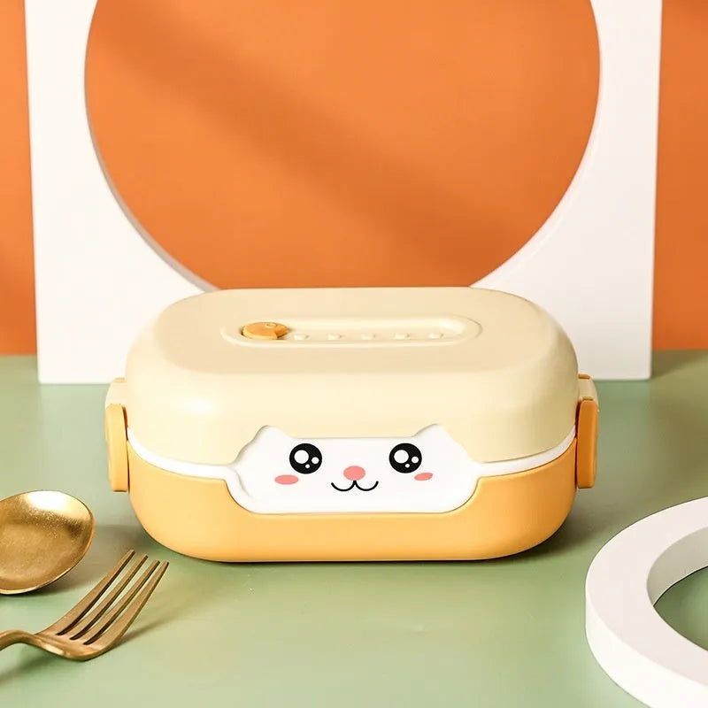 Portable divided plastic lunch box with square shape and cartoon styling in multiple colour options