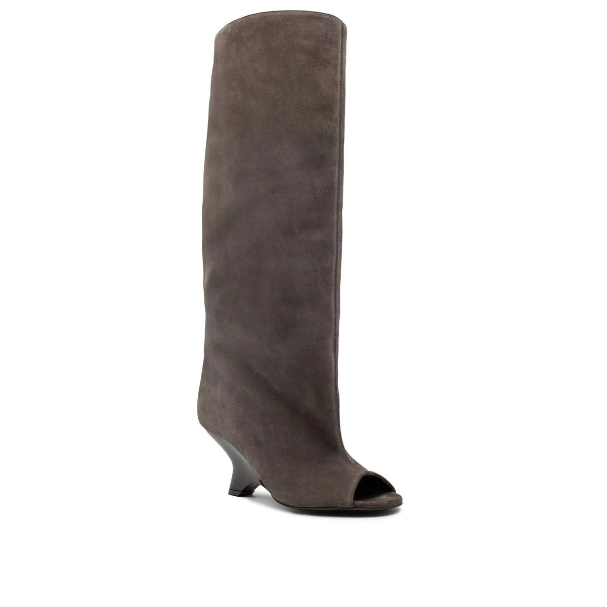 Women's peep toe wedge suede sandal boots with tassels, available in apricot colour, side view