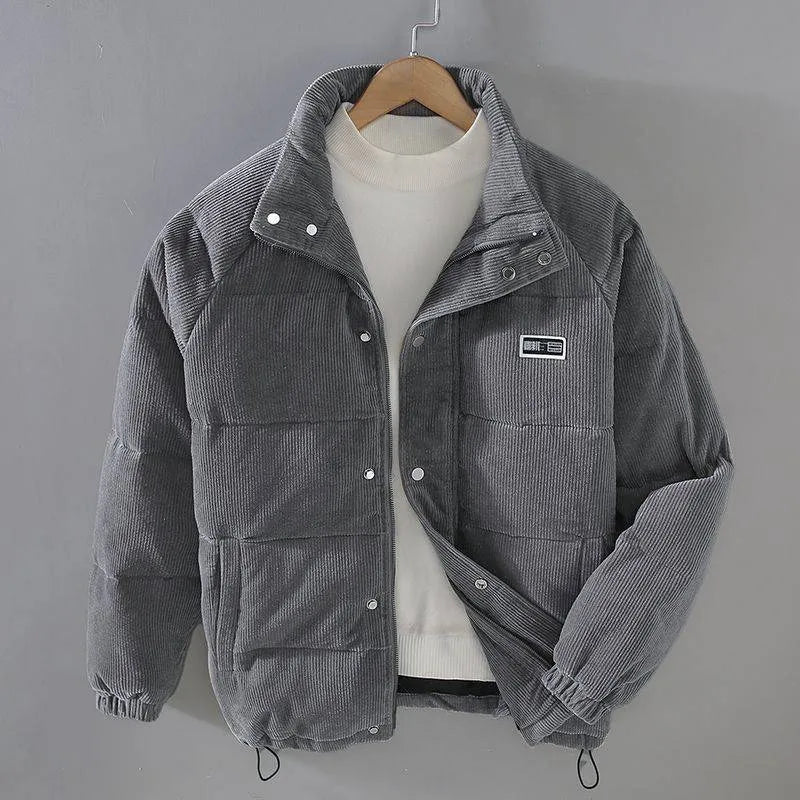 Men's puffer jacket in black with patch pockets, cardigan style, side view