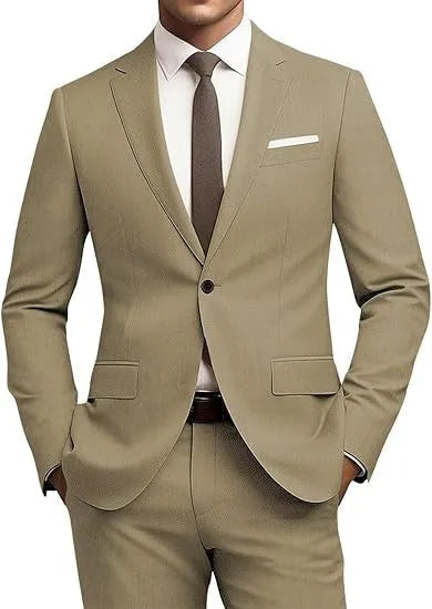Men's slim fit 2-piece suit set with tie in gold colour, flat collar, rear middle opening, nylon blend fabric
