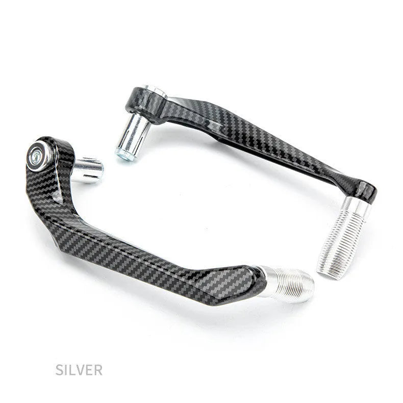 A pair of aluminium motorcycle hand guards with a water transfer printed finish, shown in one of five available colours.