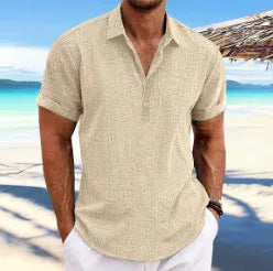 Men's light grey loose fit cotton blend cardigan with long sleeves on a hanger.