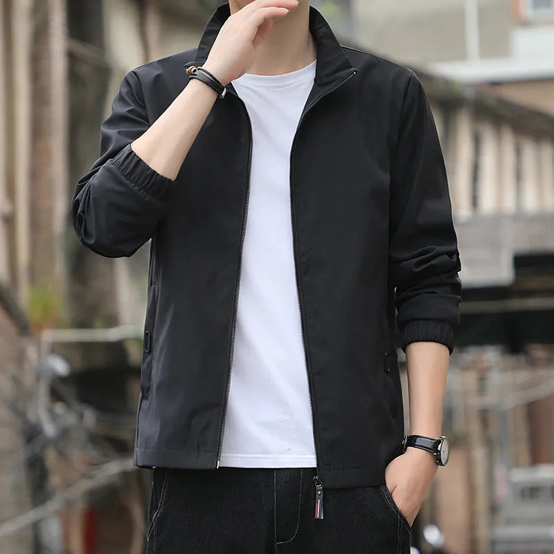 Korean style loose lapel casual jacket in black, lightweight polyester blend construction with zipper closure