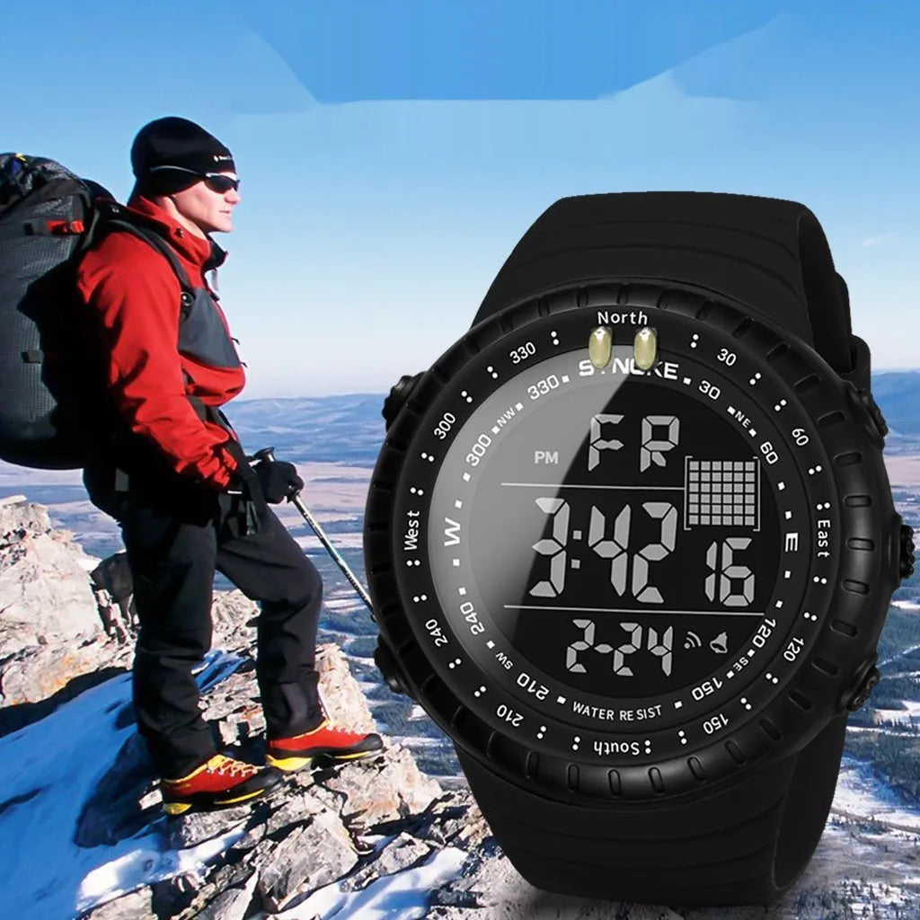 Black men's outdoor electronic waterproof watch with large dial on a PU strap