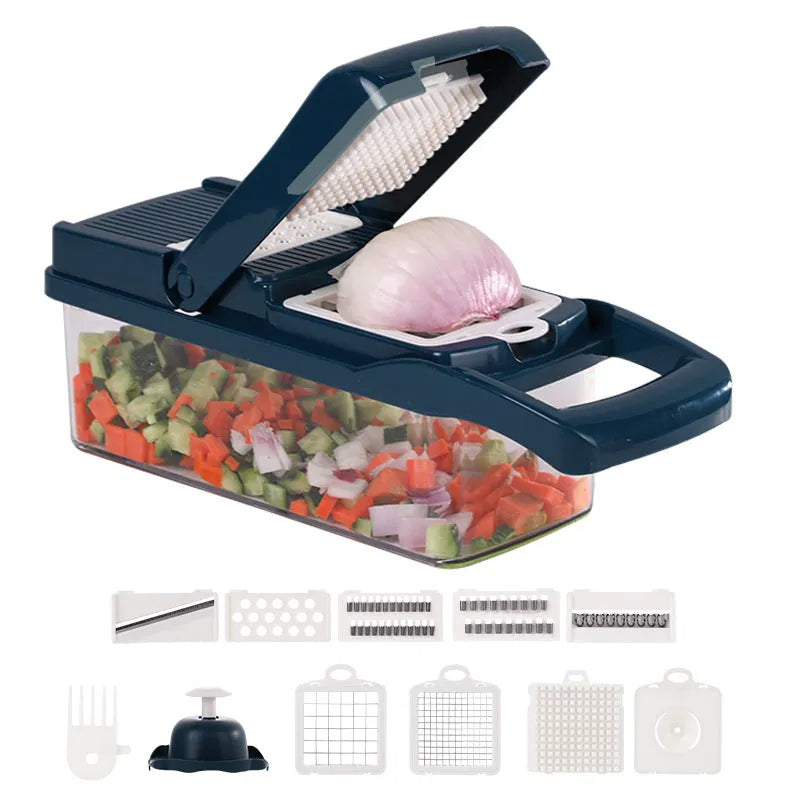 Multifunctional vegetable cutter with 7 stainless steel blades and wheat straw body in black, 31.8 cm