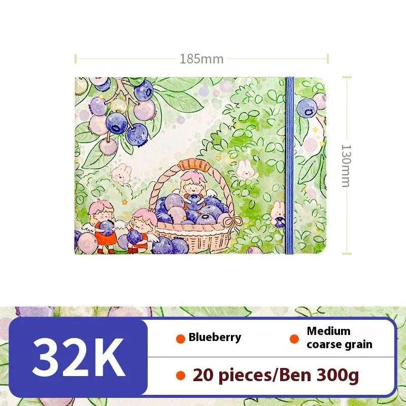 Feiluniao handmade fabric watercolour notebook with illustrated cover, open to show blank paper pages.