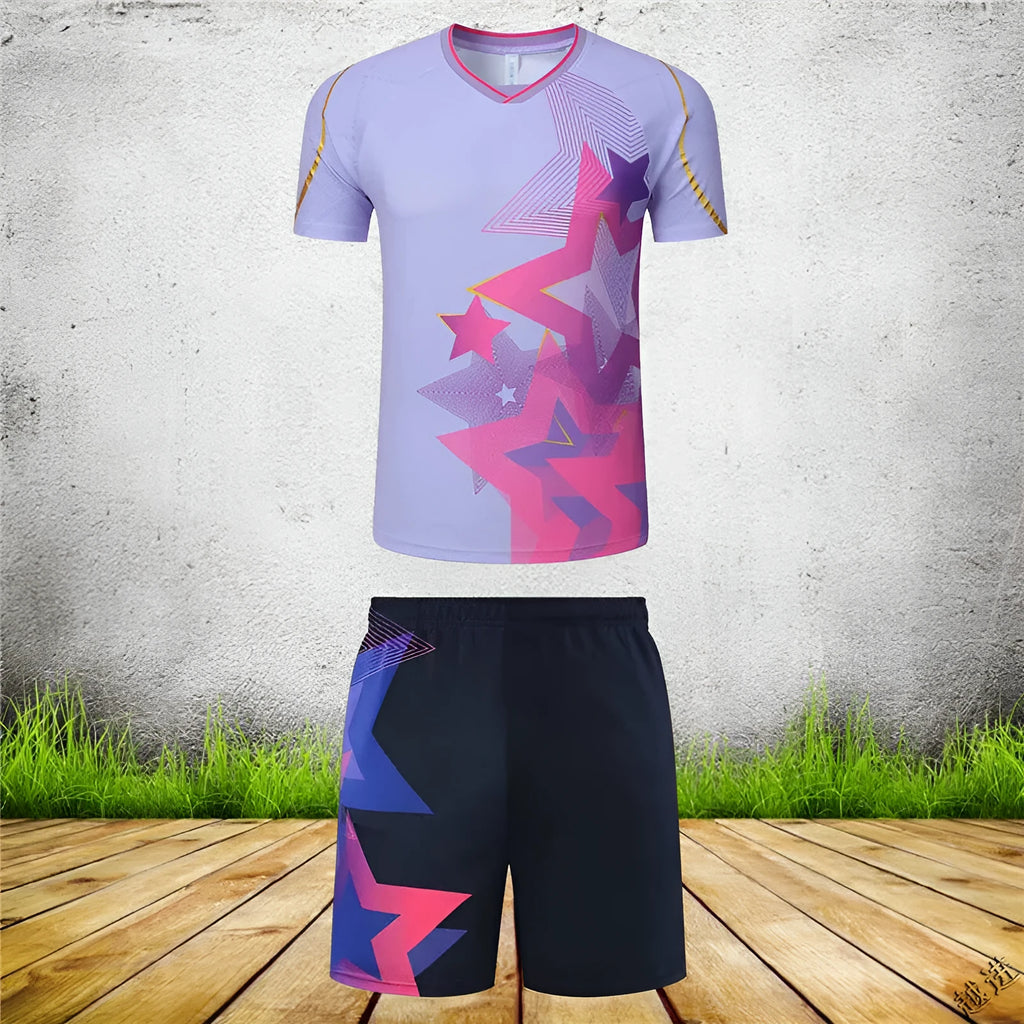 Badminton sportswear set with short-sleeved top and shorts, sapphire blue, polyester fibre, front view, size M