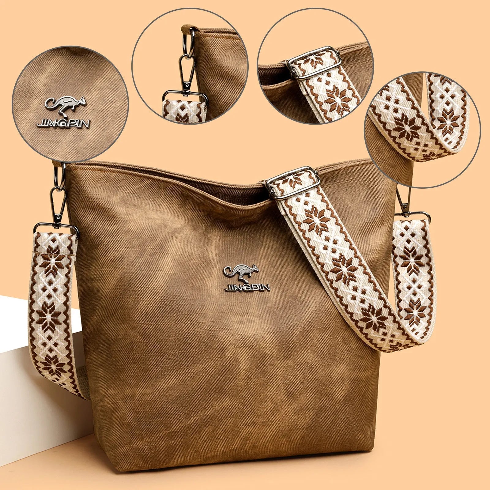 Soft PU shoulder bag in grey, pink, or yellow with adjustable strap and polyester lining