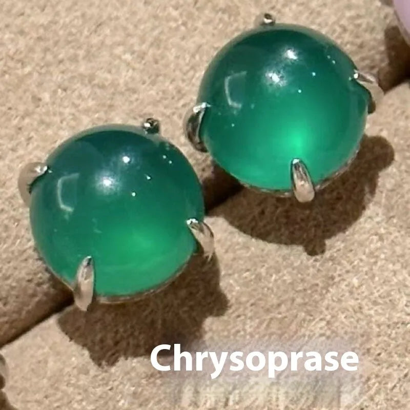 Chinese style round chalcedony stud earrings with four-claw settings in three colour options