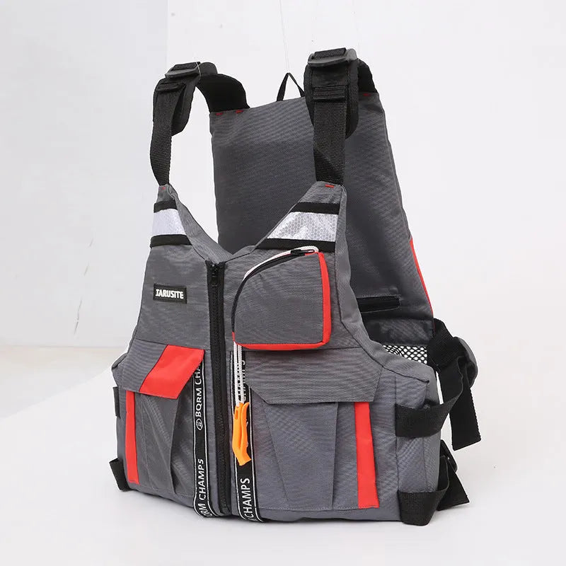 Thin Oxford cloth swim vest in gray-red for fishing safety, unisex one-size design