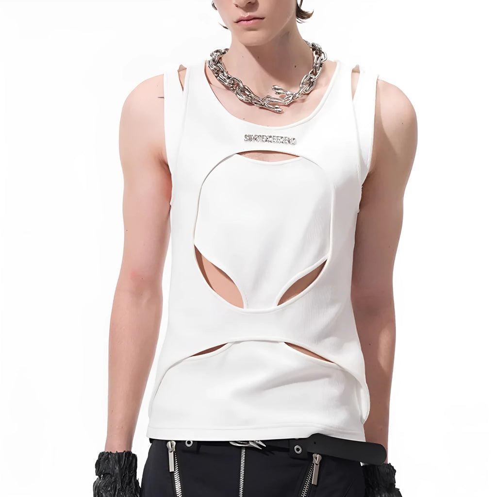 Men's black and white hollow thread sleeveless waistcoat with round neck