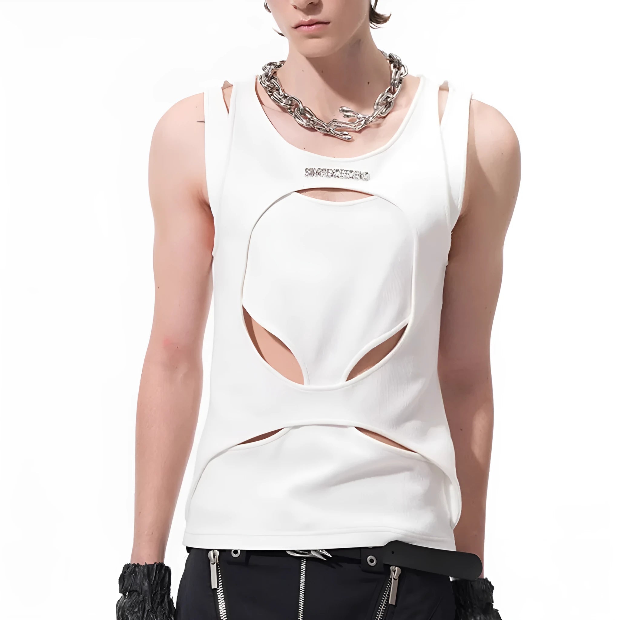 Men's black and white hollow thread sleeveless waistcoat with round neck