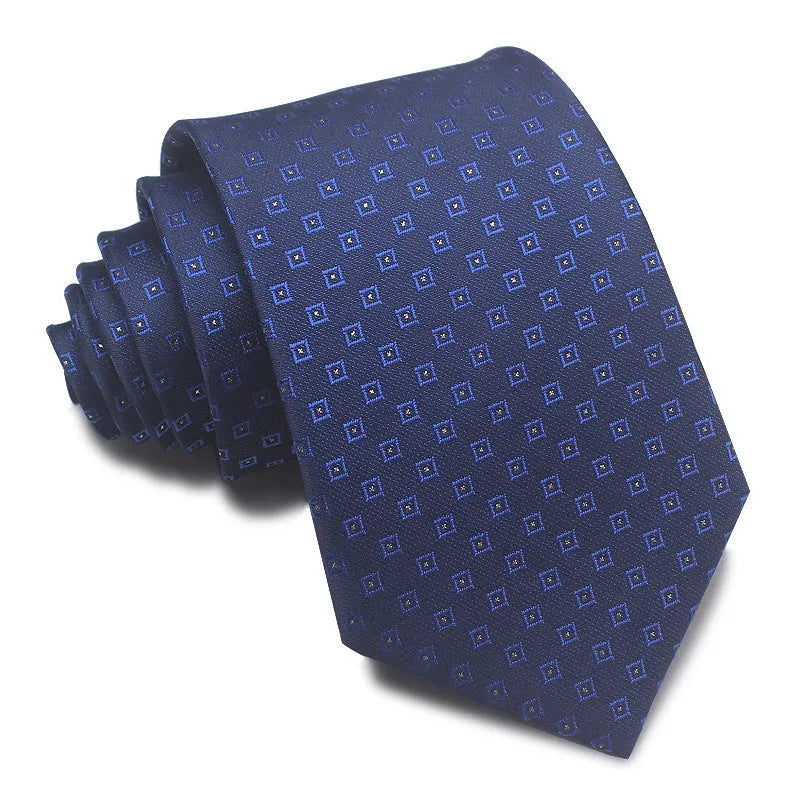 8cm wide polyester jacquard striped men's business tie shown in multiple colour variations