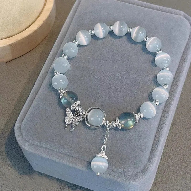 Women's cat's eye stone beaded bracelet with diamond-shaped opal beads and electroplated metal clasp in one of sixteen colour options