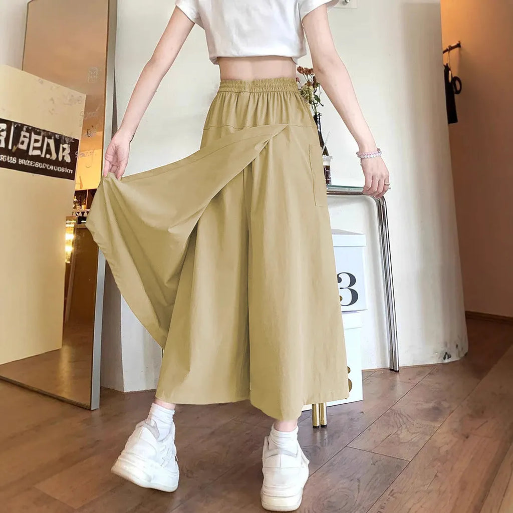Camel coloured women's wide leg skirt with elastic waist and drape detail