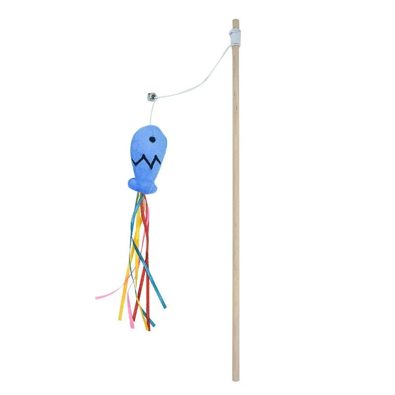 Cat wand toy with wooden handle, catnip fish attachment, colourful ribbons, and bell