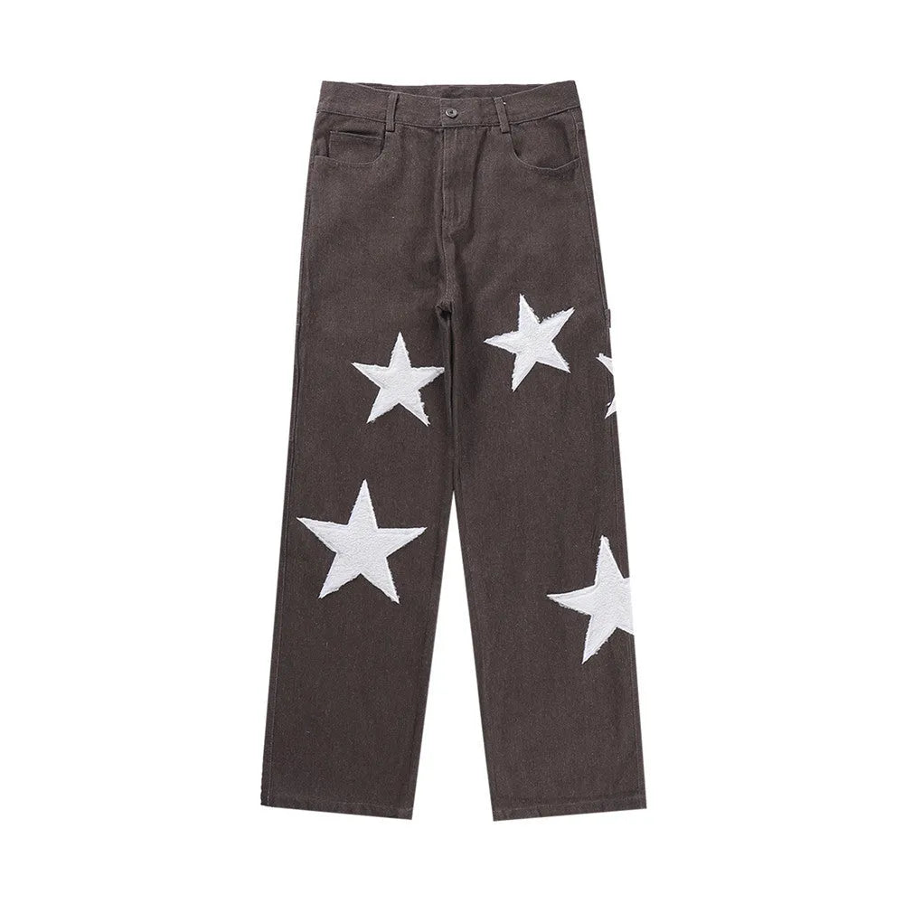 Men's five pointed star flocked embroidered straight tube jeans in black denim