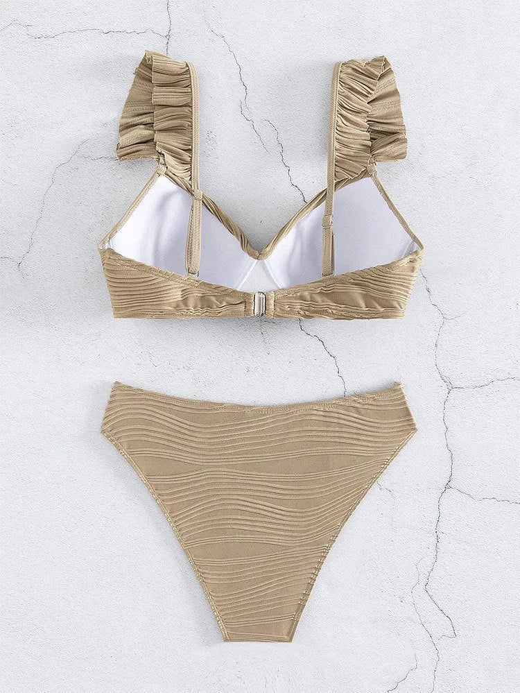 Solid colour women's bikini swimsuit in black or khaki made from polyester fabric