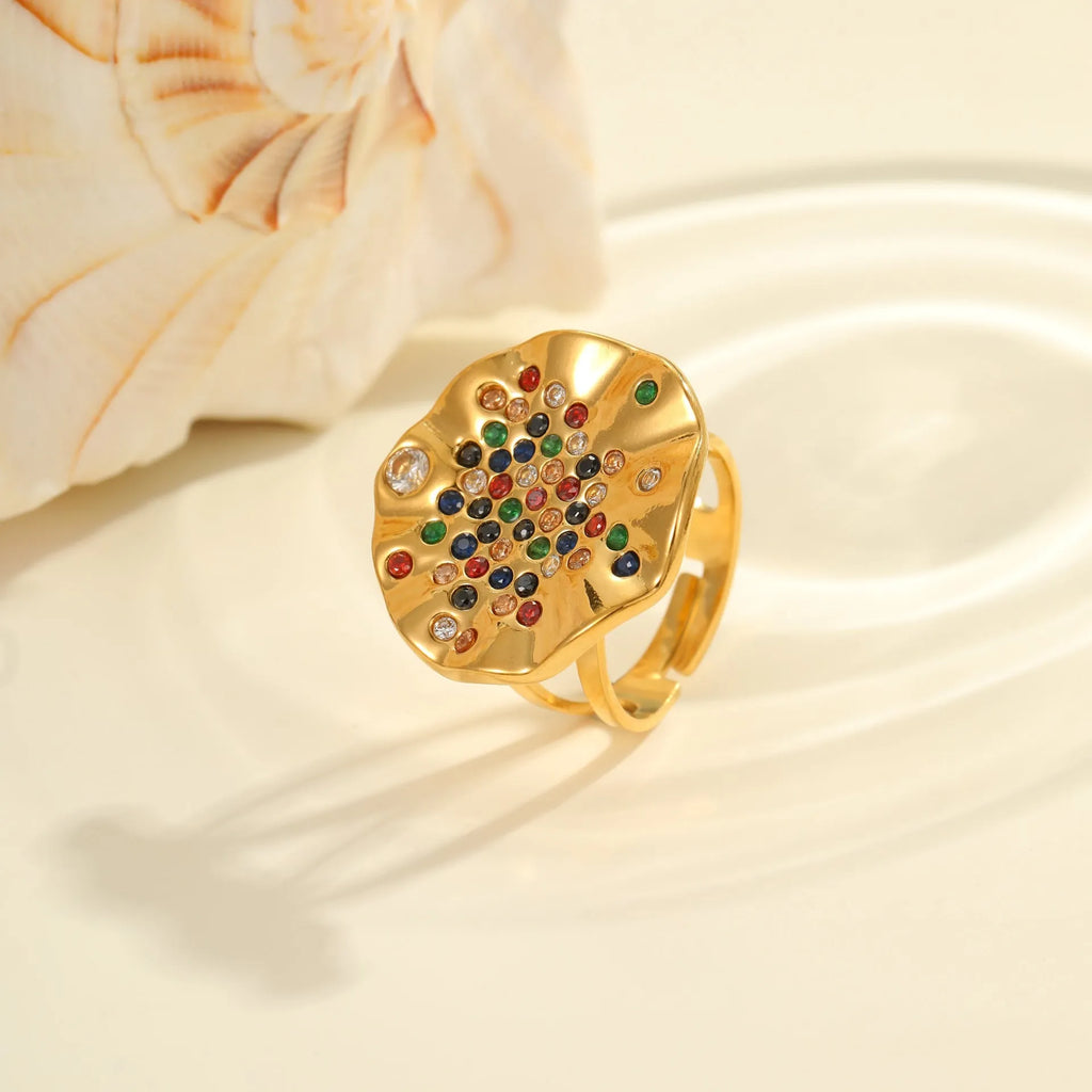 Geometric titanium steel ring with pleated detailing and coloured diamond inlay on open mouth adjustable band