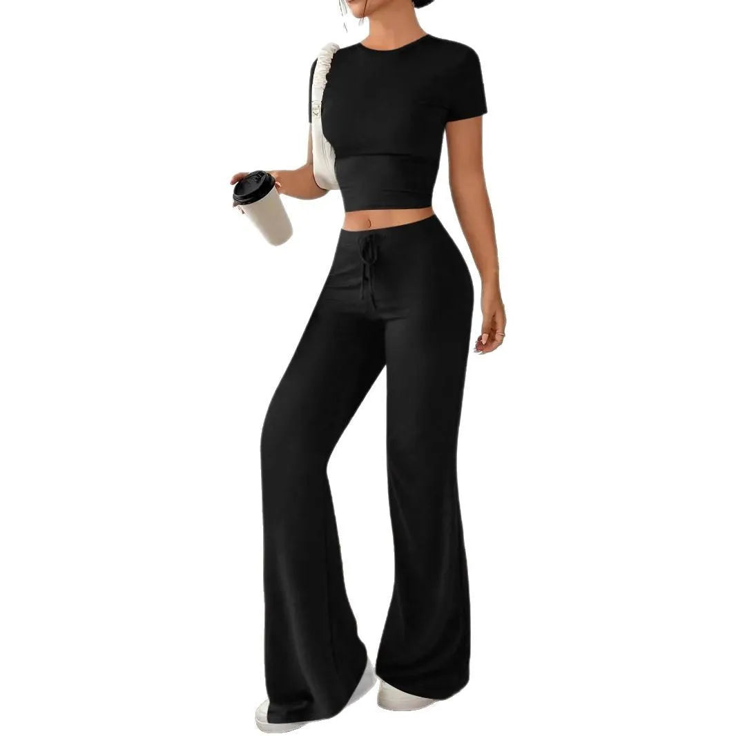 Black polyester women's suit set with high waist trousers and short sleeve t-shirt