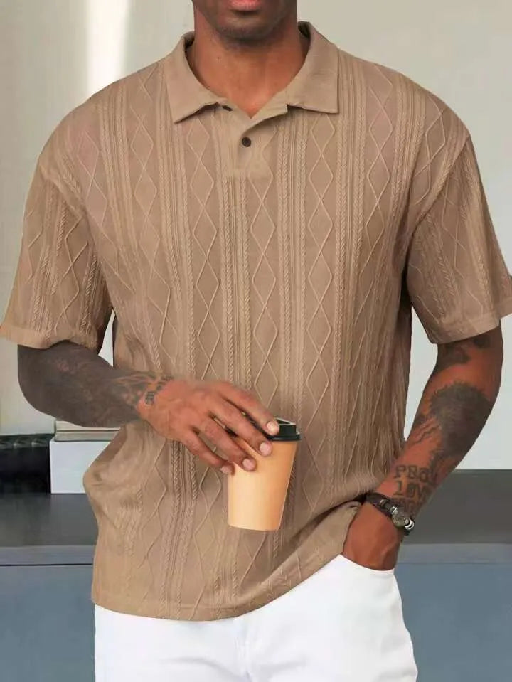 Men's loose fit short sleeve T-shirt with a retro button lapel on the collar, in a khaki cotton blend knit.