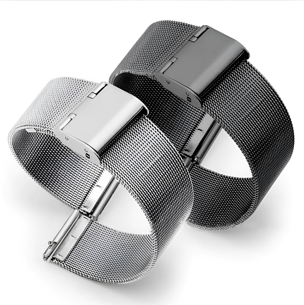 Close-up of a woven stainless steel watch band in silver showing textured metal links.