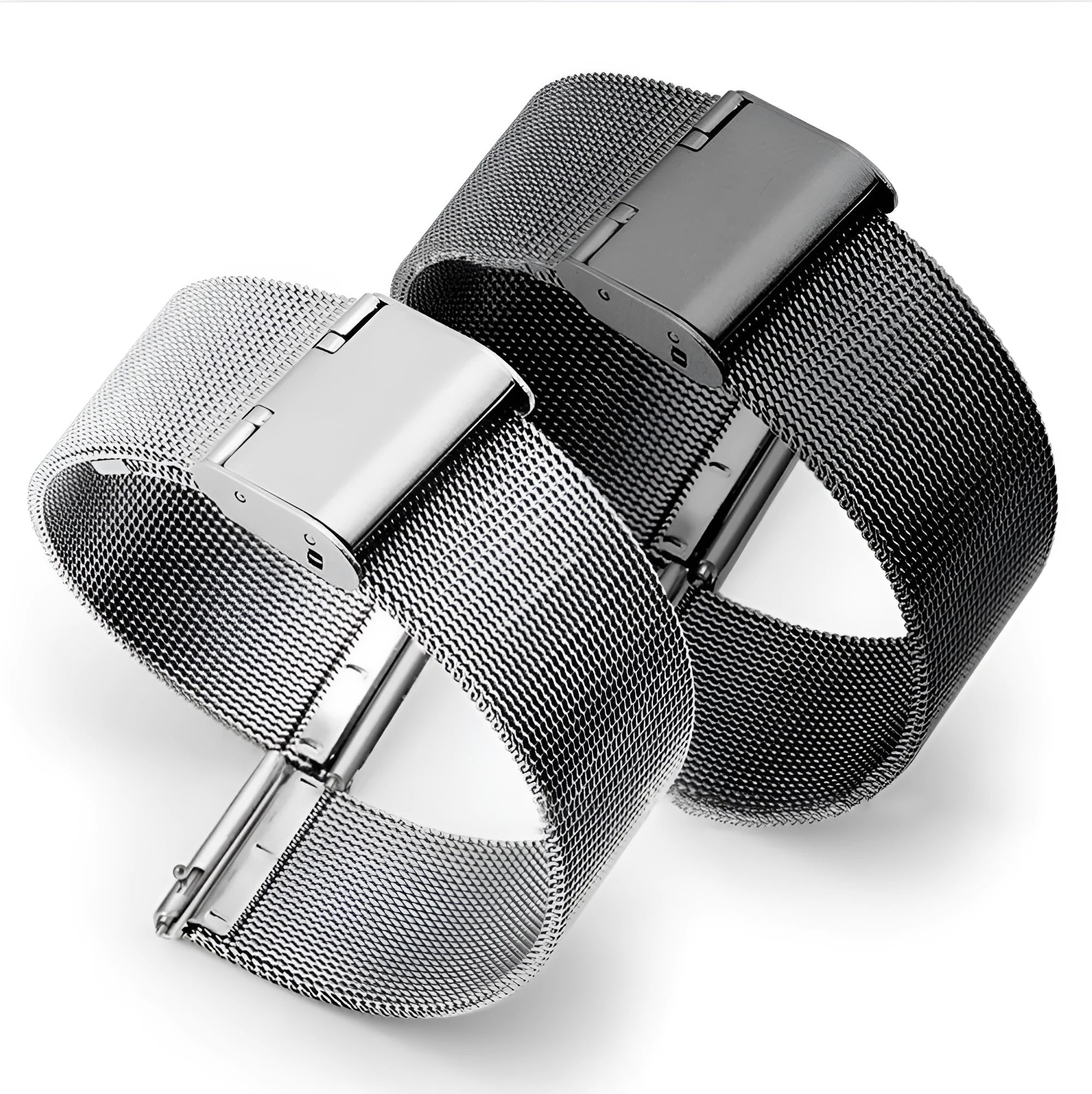 Close-up of a woven stainless steel watch band in silver showing textured metal links.