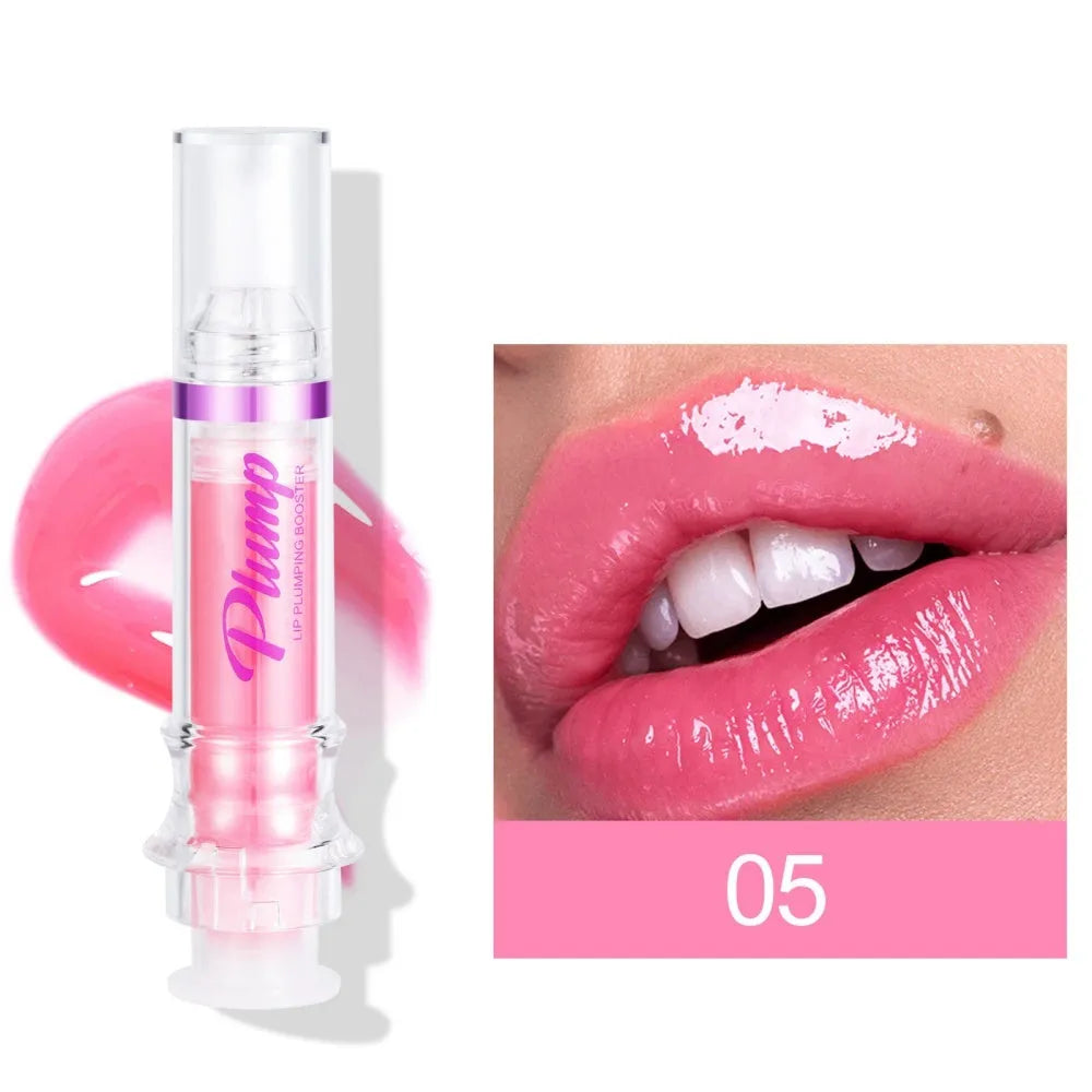 Tube of lip gloss showing shiny finish, available in six different colour shades.