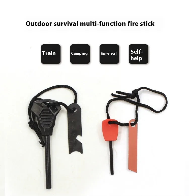 Black outdoor survival flint tool with magnesium rod, stainless steel scraper, whistle, and measurement scale.