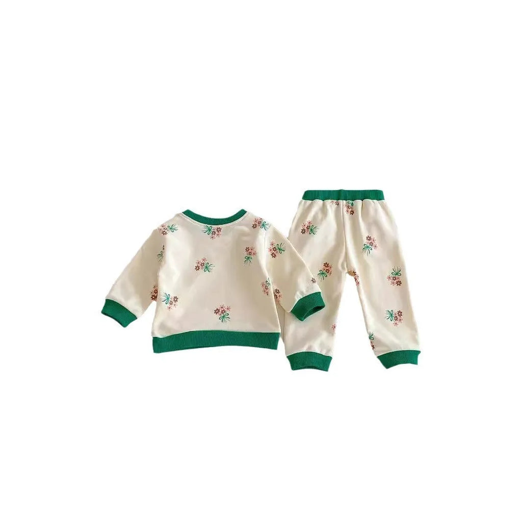 Baby cotton suit set in green with long sleeves and pants, front view