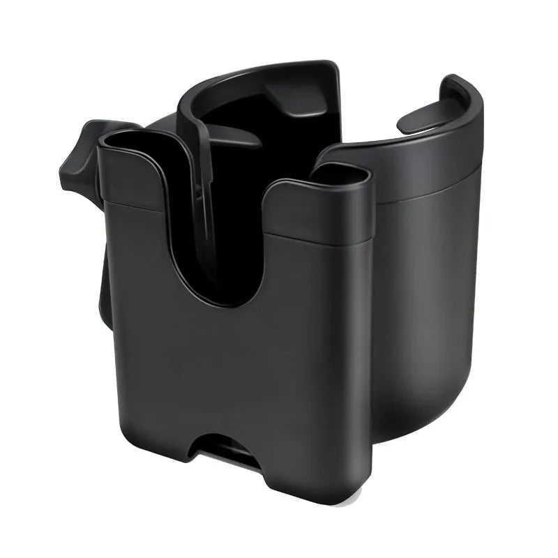 2-in-1 baby stroller cup holder in black, made of silicone and ABS, clipped onto pushchair handlebar