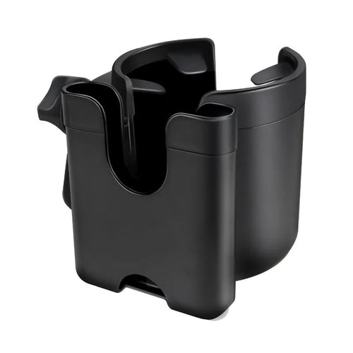 2-in-1 baby stroller cup holder in black, made of silicone and ABS, clipped onto pushchair handlebar
