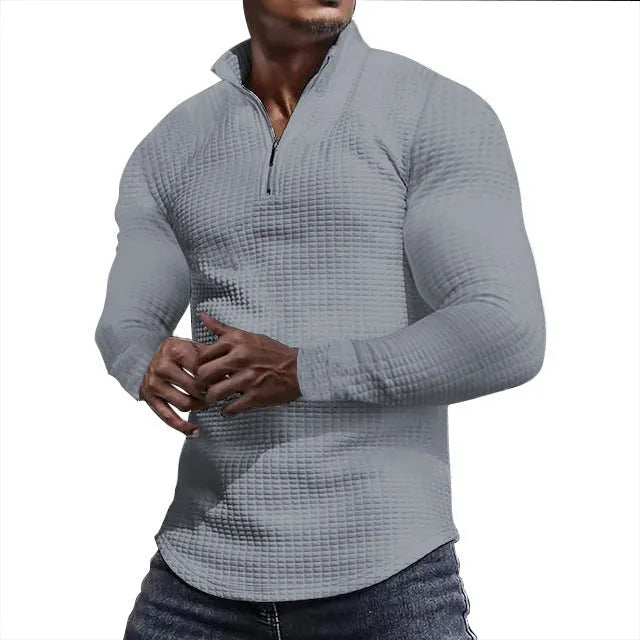 Men's stand collar half zip plaid sweater in polyester, available in multiple colours, front view