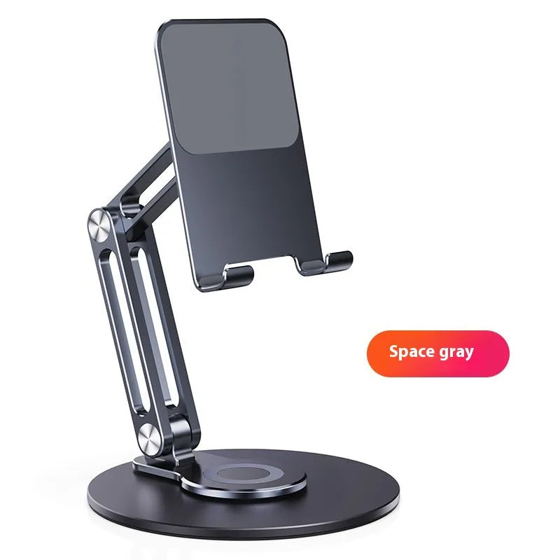 Compact 360-degree rotating mobile phone and tablet stand in metal and silicone, bright moon silver colour