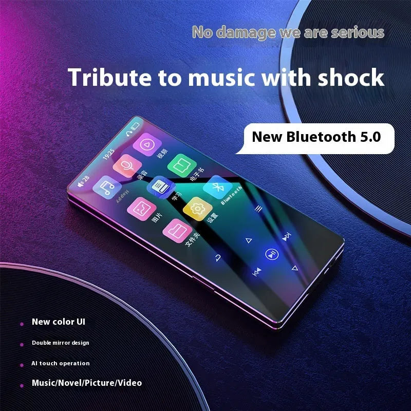 Black portable music player with 2.4-inch screen and touch buttons, featuring Bluetooth, FM radio, and e-book functions