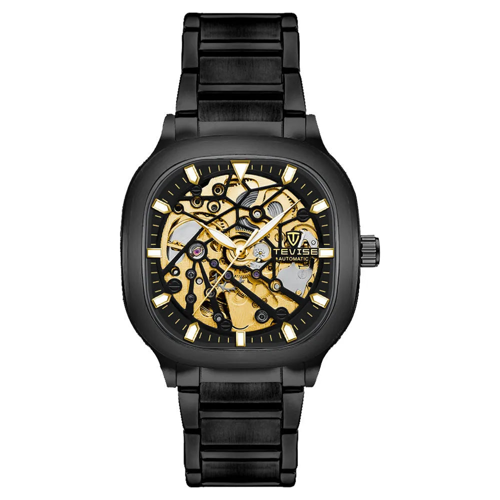 Men's square automatic waterproof watch with luminous dial on a stainless steel strap.