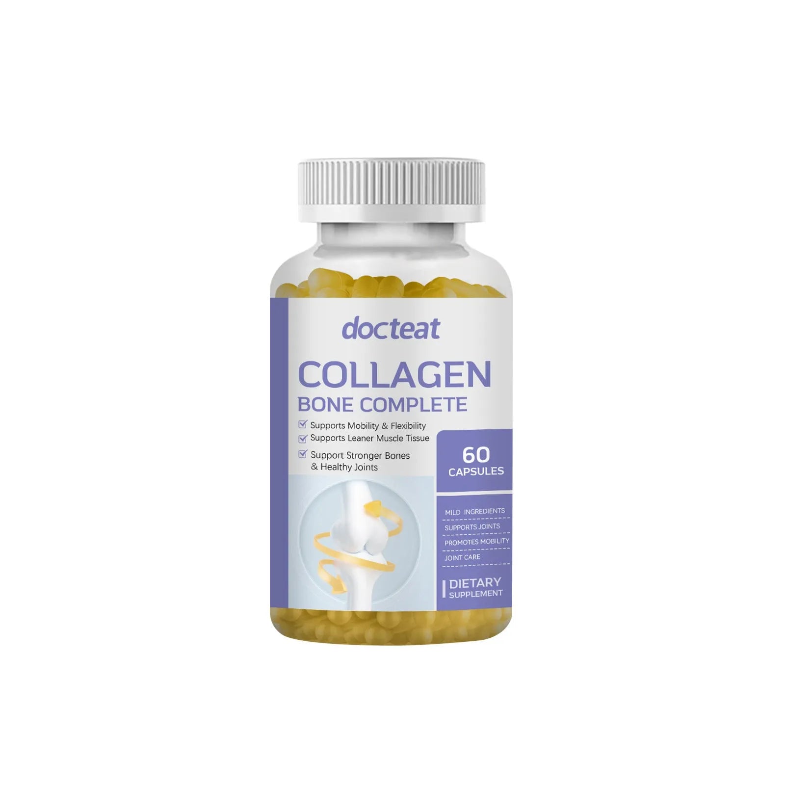 Bottle of 60 collagen and multivitamin capsules containing vitamin C, D3, K2 and calcium