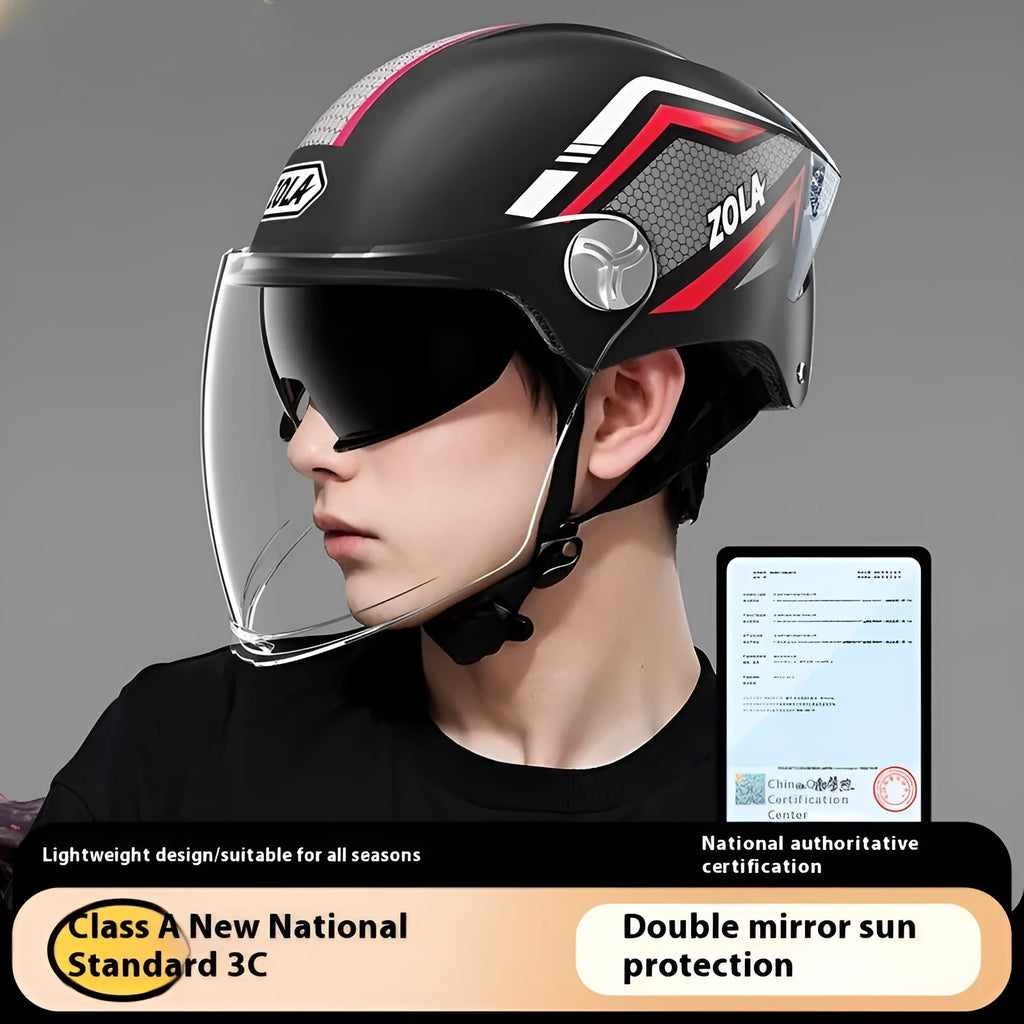 Children's 3C motorcycle half-helmet with a double visor shown in light brown colour.