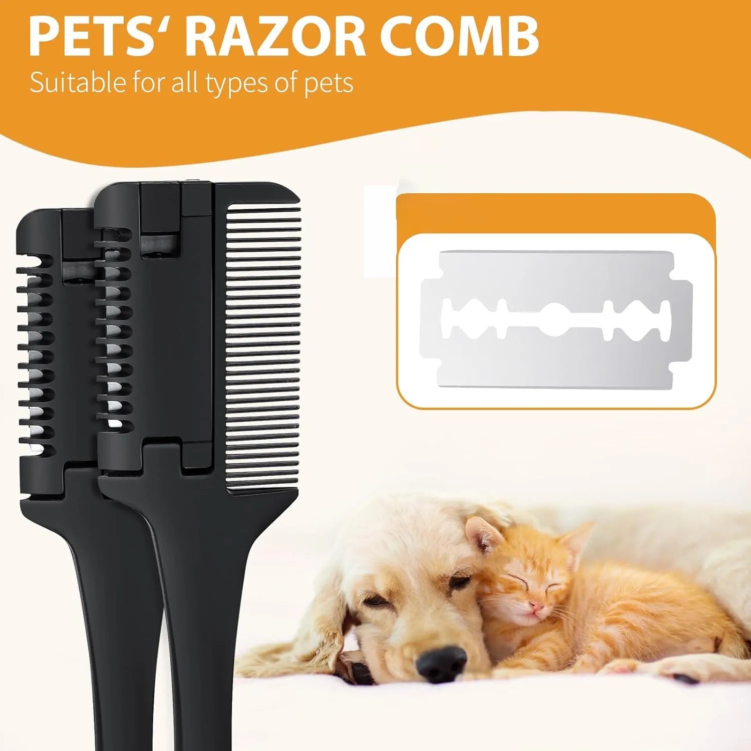 Stainless steel pet razor comb with detangling teeth and trimming blade, shown with spare blades.