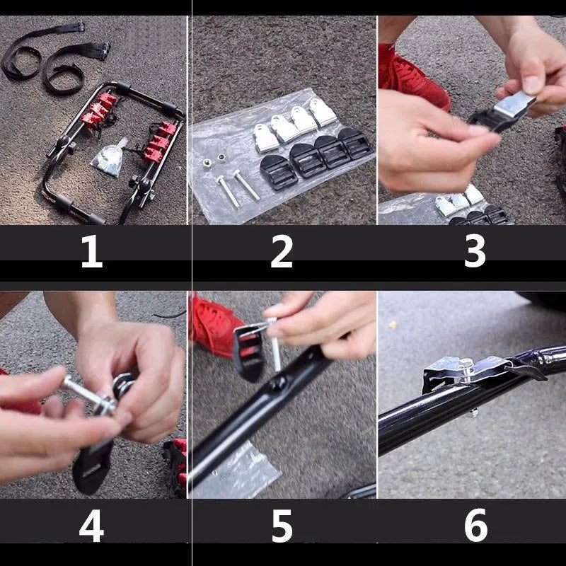 Black and red car boot mount bike rack showing iron frame with sponge padding and tie ropes.