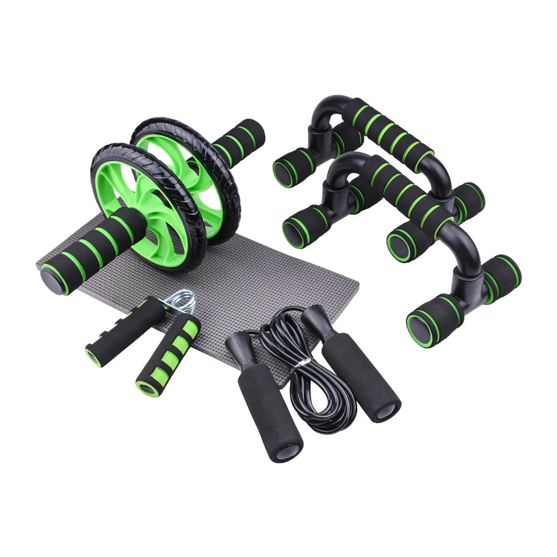 Plastic abdominal wheel set with kneeler mat bracket handle and skipping rope in glossy black