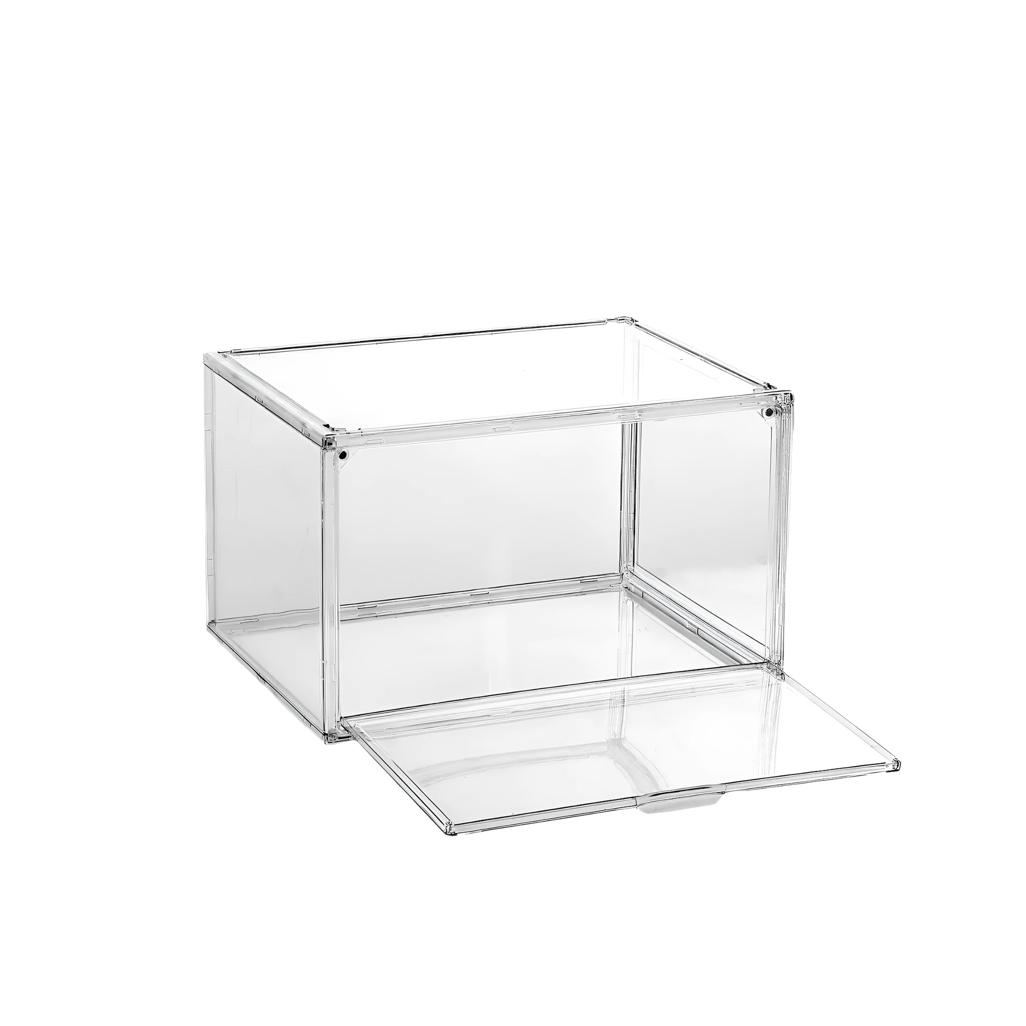 Large clear acrylic shoe storage box with a lid and a magnetic side door open, showing interior space.