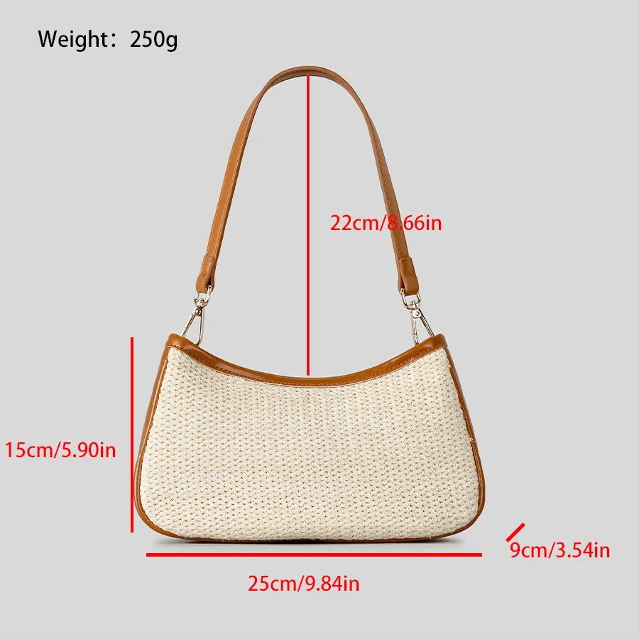 Khaki hand-woven straw crossbody bag with single shoulder strap showing textured PP grass construction