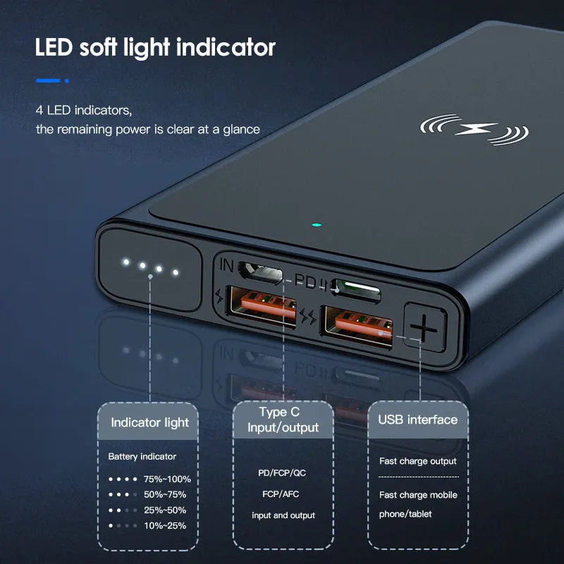 Black and blue 10000mAh power bank with wireless charging and built-in plug