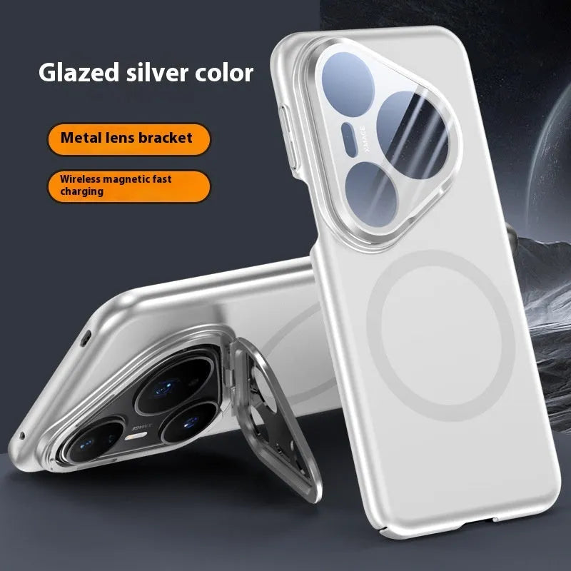 Huawei P80 Pro magnetic lens bracket phone case in frosted black finish showing back-mounted bracket