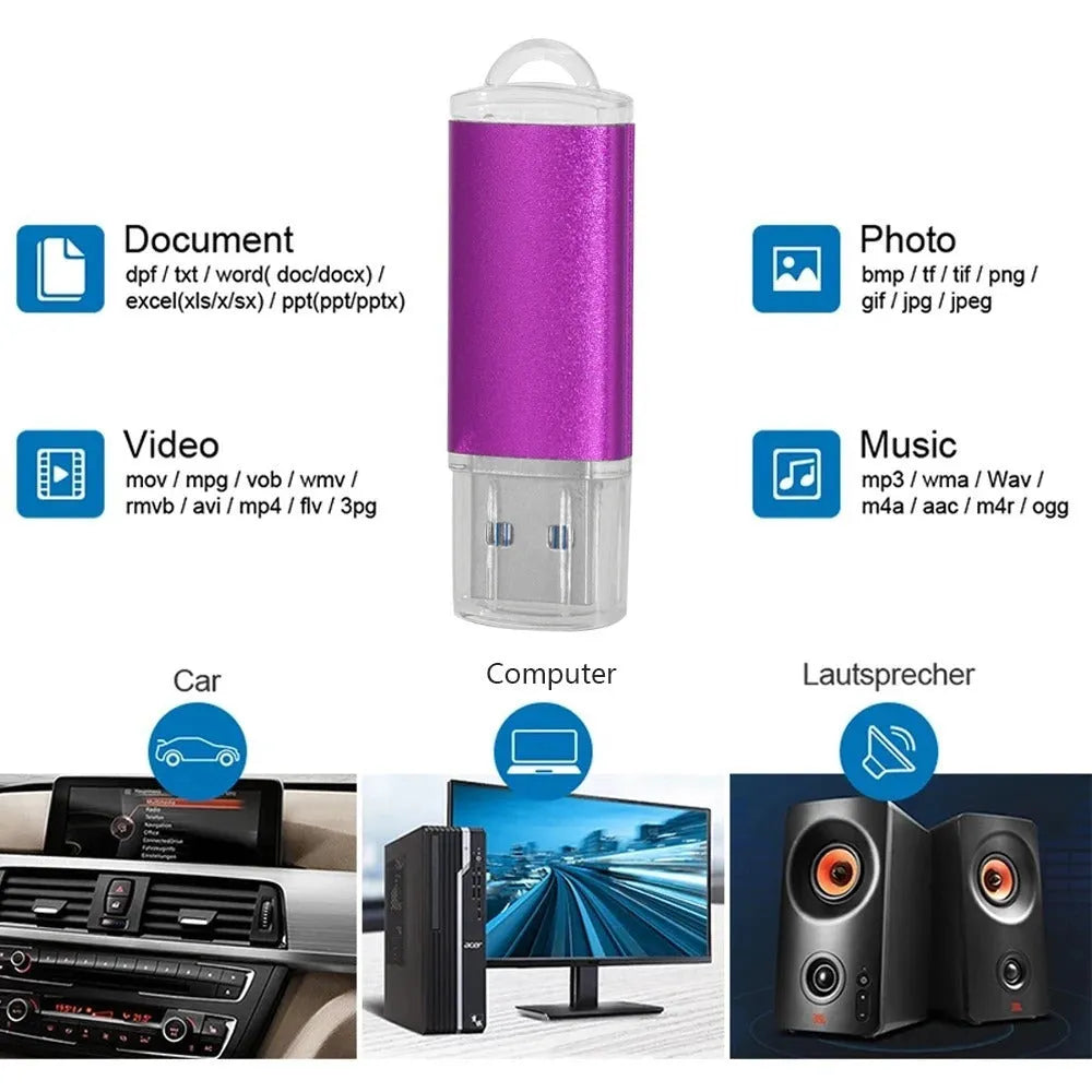 Purple metal USB 2.0 flash drive with compact rectangular shape on plain background