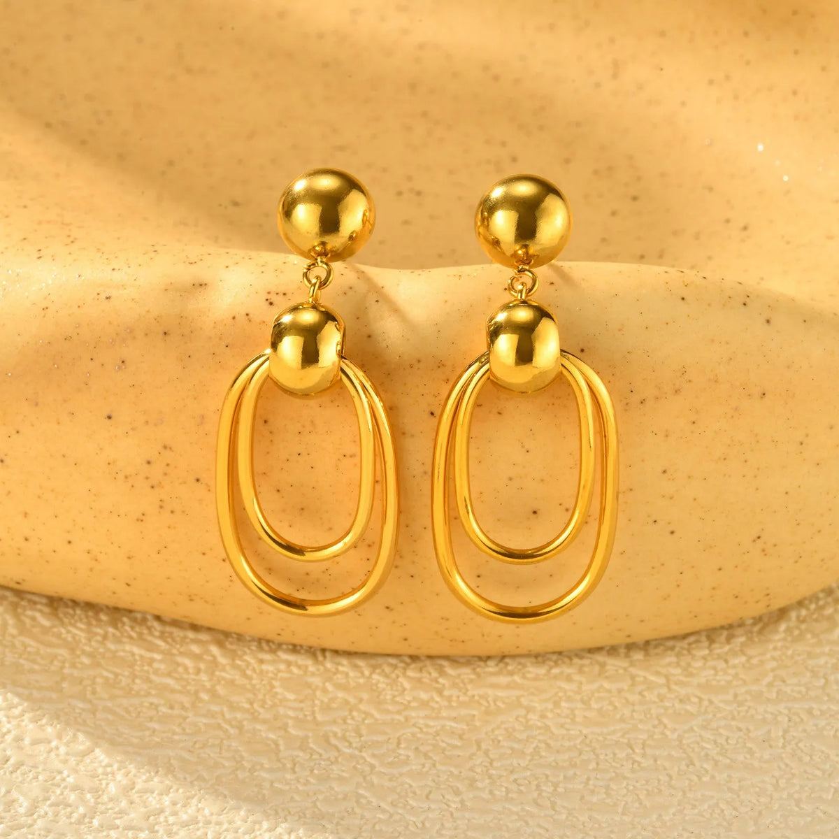 Women's gold stainless steel vintage oval coil round bead earrings pair