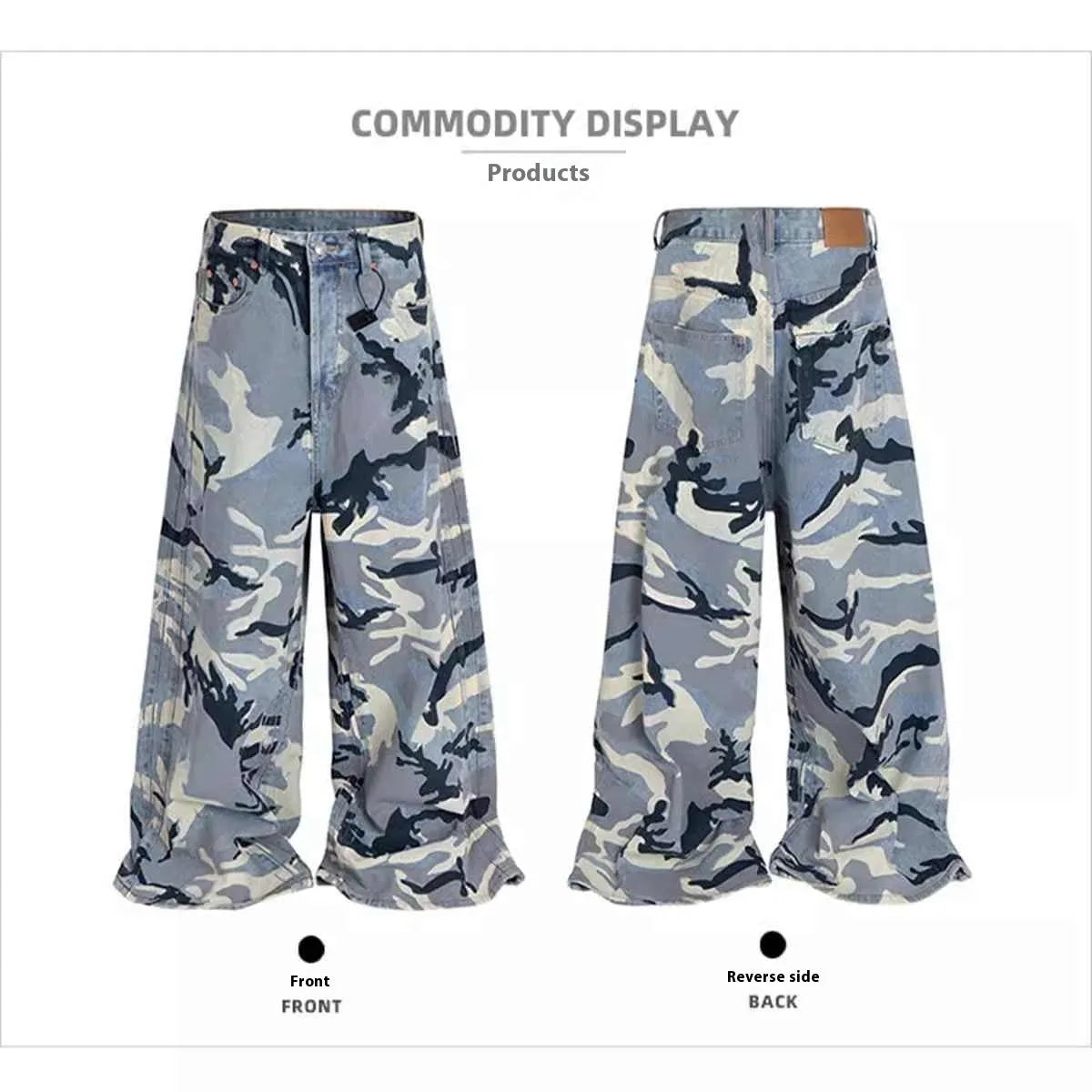 Snow camouflage blue jeans with loose fit and micro-elastic stretch cotton denim fabric
