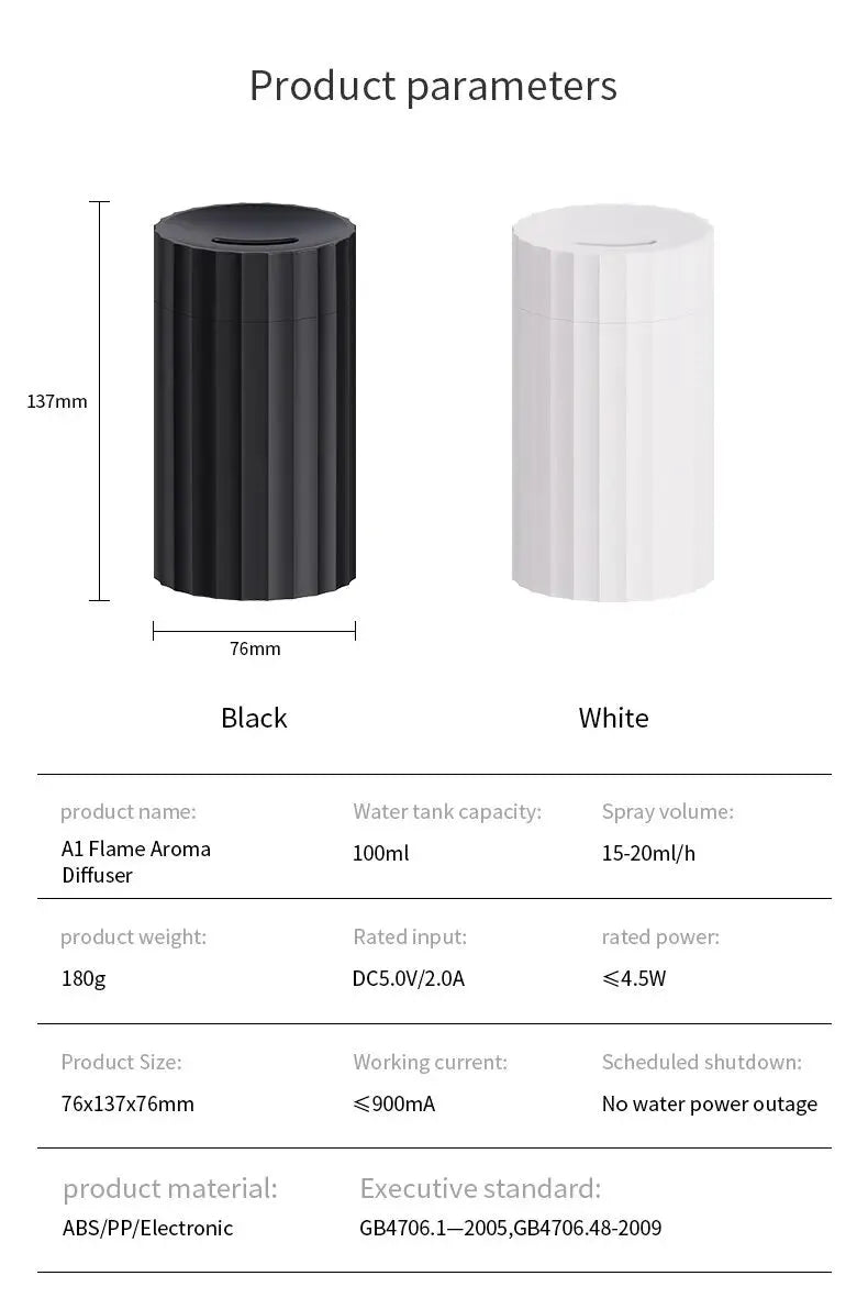 Black and white flame effect essential oil diffuser and air humidifier with coloured LED lights on a wooden table.